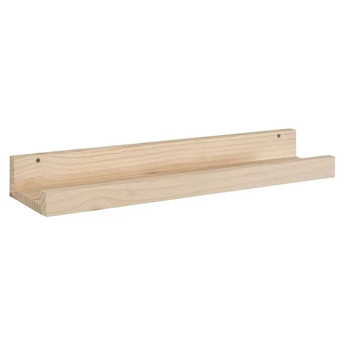 Astigarraga Estante para fotos - L x An x Al: 12,5 x 60 x 7 cm, Natural - Este primer plano muestra una estantería de madera clara asegurada con dos tornillos, ideal para almacenamiento o exhibición, y cuenta con una construcción robusta.