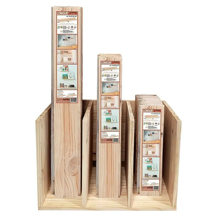 Astigarraga Estante para fotos - L x An x Al: 12,5 x 60 x 7 cm, Natural - Estantes de madera de la marca Longue en varios tamaños. Los estantes están embalados y etiquetados y expuestos en una estantería de madera.