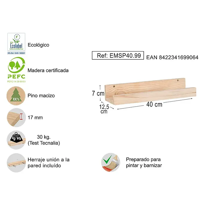 Astigarraga Estante para fotos - L x An x Al: 12,5 x 40 x 7 cm, Natural - Imagen de una estantería de madera maciza, hecha de madera certificada, que mide 40x12,5x7 cm y 17 mm de grosor.