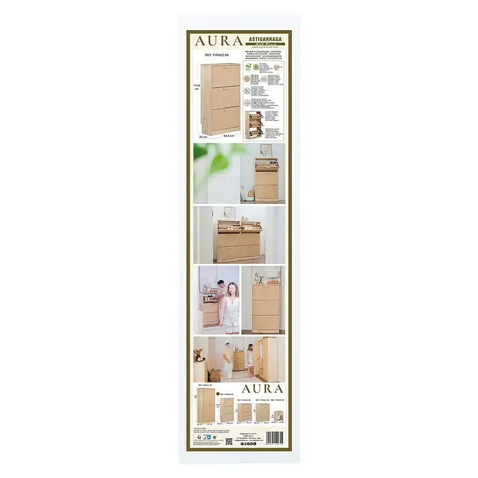 Astigarraga Aura Conjunto de muebles - 2 pzs., Madera maciza y rafia, Natural - La imagen muestra un armario de zapatos de madera Aura Astigarraga con tres compartimentos. El mueble es de tonos claros y encaja bien en ambientes modernos.