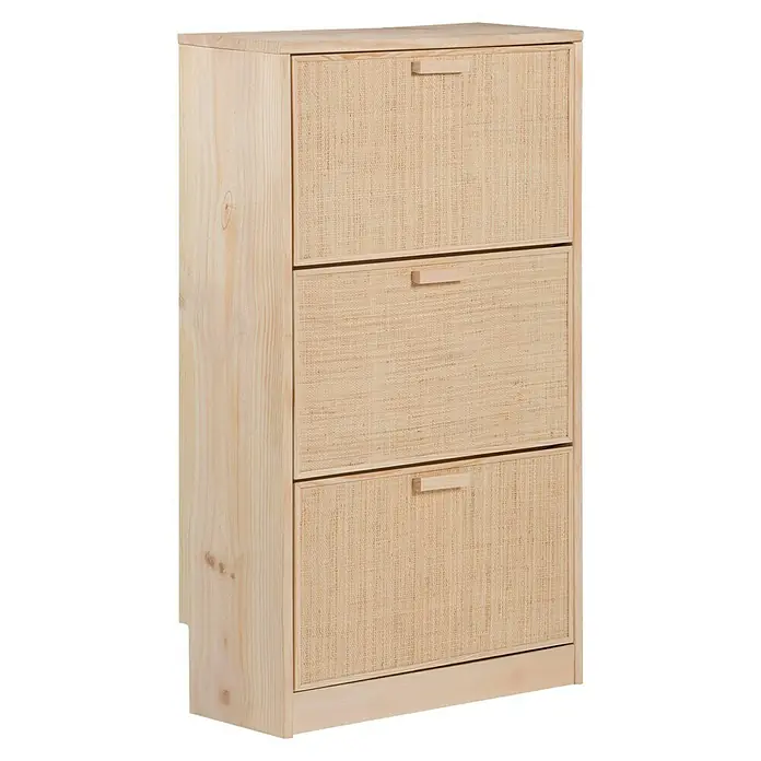 Astigarraga Aura Conjunto de muebles - 2 pzs., Madera maciza y rafia, Natural - Zapatero color madera con tres cajones trenzados con tiradores, que ofrece una solución de almacenamiento natural.