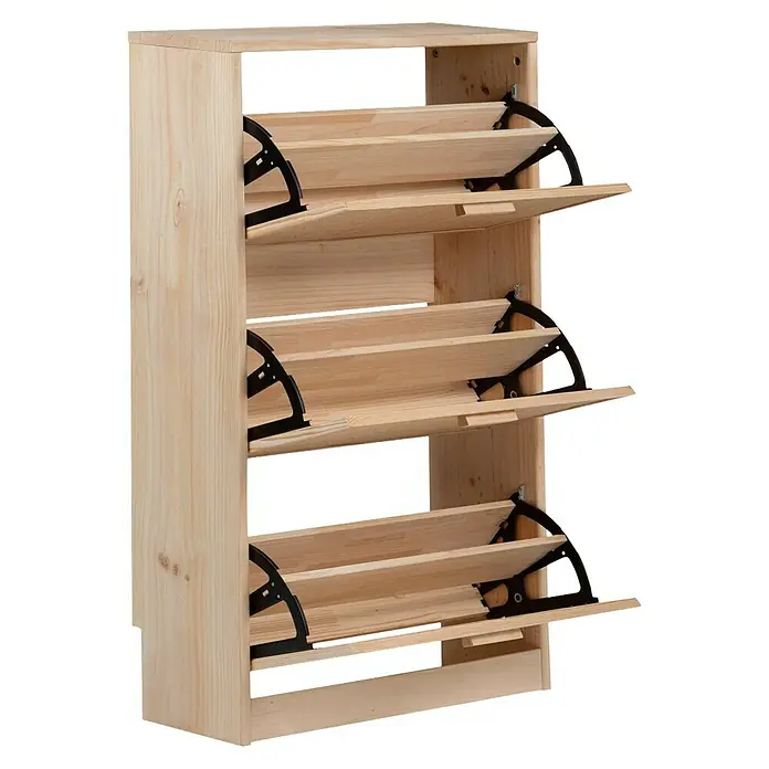 Astigarraga Aura Conjunto de muebles - 2 pzs., Madera maciza y rafia, Natural - Esta imagen muestra un zapatero de madera con tres compartimentos abatibles, ideal para el almacenamiento y organización de zapatos.