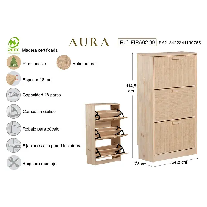 Astigarraga Aura Conjunto de muebles - 2 pzs., Madera maciza y rafia, Natural - Vista detallada del zapatero Aura de madera certificada, con dimensiones y propiedades del producto.