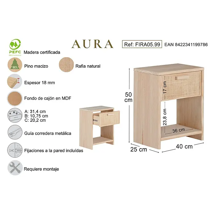 Astigarraga Aura Conjunto de muebles - 5 pzs., Madera maciza y rafia, Natural - Imagen de una mesita de noche de madera con un cajón de rafia y estantes abiertos para guardar objetos.