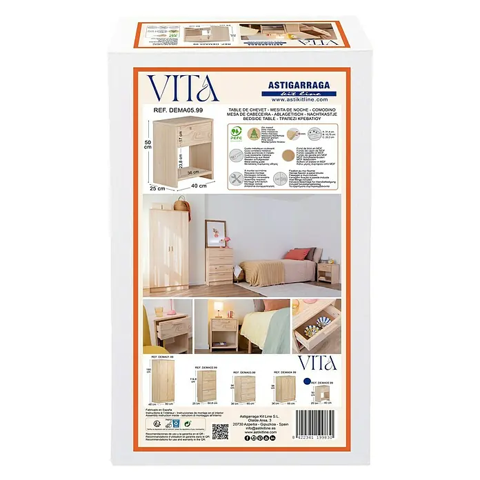 Astigarraga Vita Conjunto de muebles - Natural, 4 pzs. - Imagen de la mesita de noche VITA de pino, perfecta para cualquier dormitorio. El diseño es sencillo, elegante y funcional.