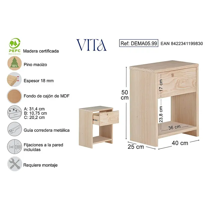 Astigarraga Vita Conjunto de muebles - Natural, 4 pzs. - Imagen de una mesita de noche de madera de pino con cajón y estante, que incluye dimensiones y detalles técnicos.