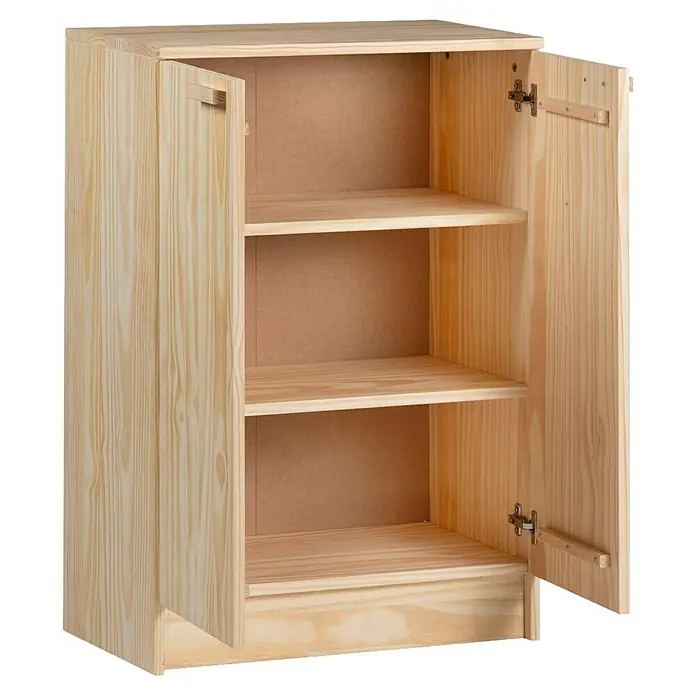 Astigarraga Vita Conjunto de muebles - 3 pzs., Natural - Un armario de madera natural con dos puertas abiertas y tres estantes. El mueble es sencillo y funcional para guardar cosas.