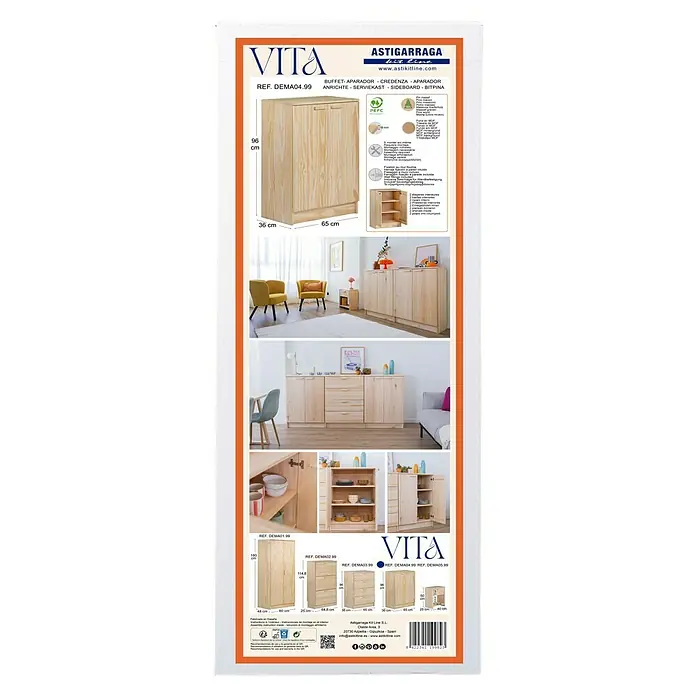 Astigarraga Vita Conjunto de muebles - 3 pzs., Natural - Página de catálogo de productos con el aparador Astigarraga Vita, hecho de madera de pino, mostrando dimensiones y ejemplos de aplicación.