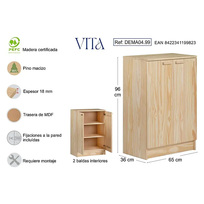 Astigarraga Vita Conjunto de muebles - 3 pzs., Natural - Imagen del producto: Un armario alto de madera y un armario más pequeño con estantes abiertos, ambos de madera de pino.