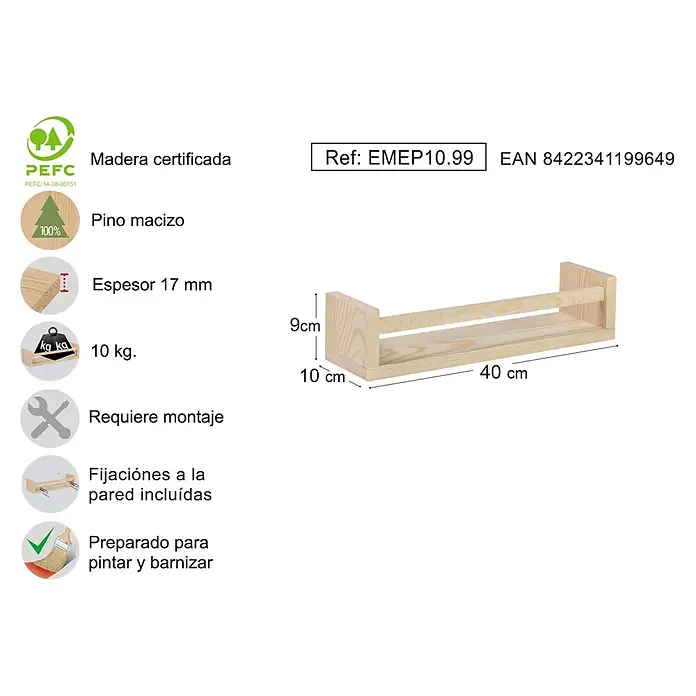 Astigarraga Especiero - L x An x Al: 15 x 40 x 15 cm, Madera, Natural - Imagen de una estantería de pino sin tratar para auto-montaje, apta para pintar y barnizar, con indicaciones de dimensiones.
