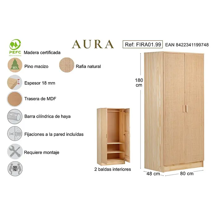 Astigarraga Aura Conjunto de muebles - 5 pzs., Madera maciza y rafia, Natural - Imagen de un armario de madera natural Aura, de 180 x 80 x 48 cm, destacando detalles de materiales y características.
