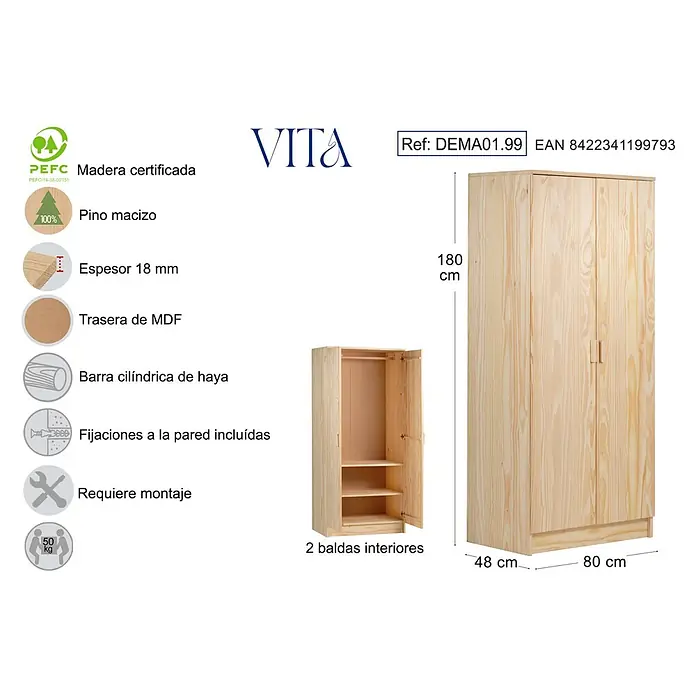 Astigarraga Vita Conjunto de muebles - Natural, 4 pzs. - Imagen de un armario VITA de dos partes hecho de madera certificada con 2 estantes interiores y dimensiones de 180x80x48 cm.