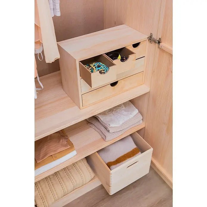 Astigarraga Vita Conjunto de muebles - Natural, 4 pzs. - Organización de armario en madera clara: cajones con joyas y ropa. Solución de almacenamiento práctica y elegante para tu hogar.