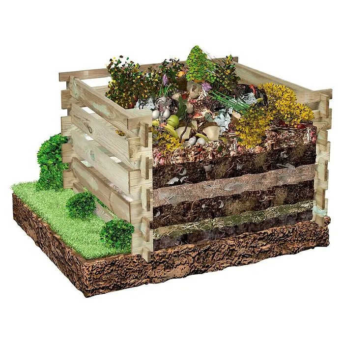 Werth Holz Komposter - 500 l, 100 x 100 x 60 cm - Die Illustration zeigt einen Kompostbehälter mit verschiedenen Schichten organischer Materialien, umgeben von Grün. Ideal für Gartenprojekte.