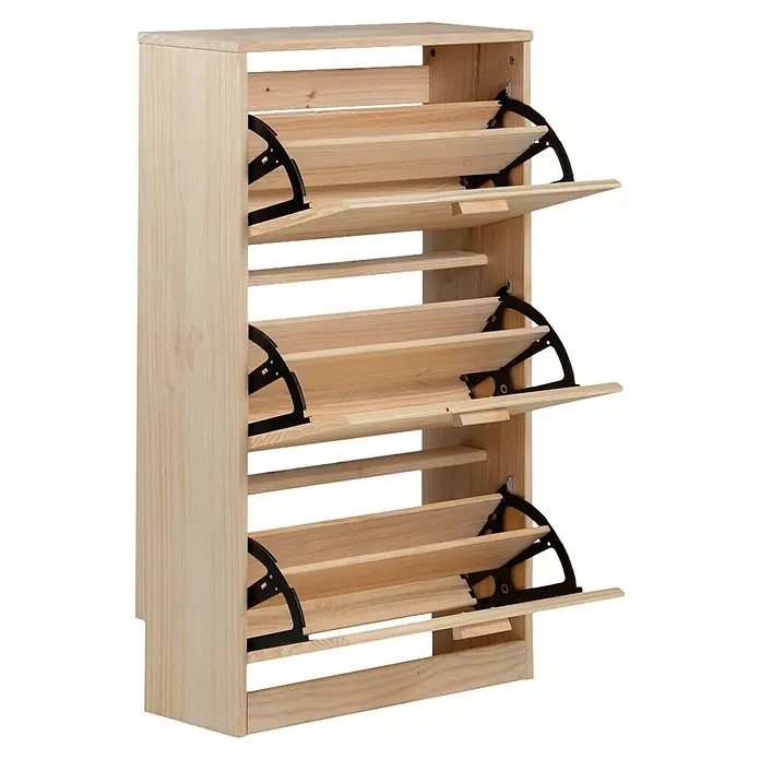 Astigarraga Vita Conjunto de muebles - Natural, 2 pzs. - Un zapatero de madera natural con tres compartimentos abatibles para un almacenamiento elegante y práctico.