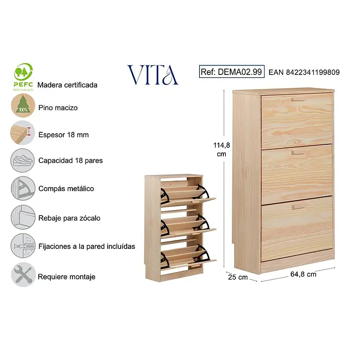 Astigarraga Vita Conjunto de muebles - Natural, 2 pzs. - Imagen del producto de un zapatero de madera certificada con dimensiones e información del producto.