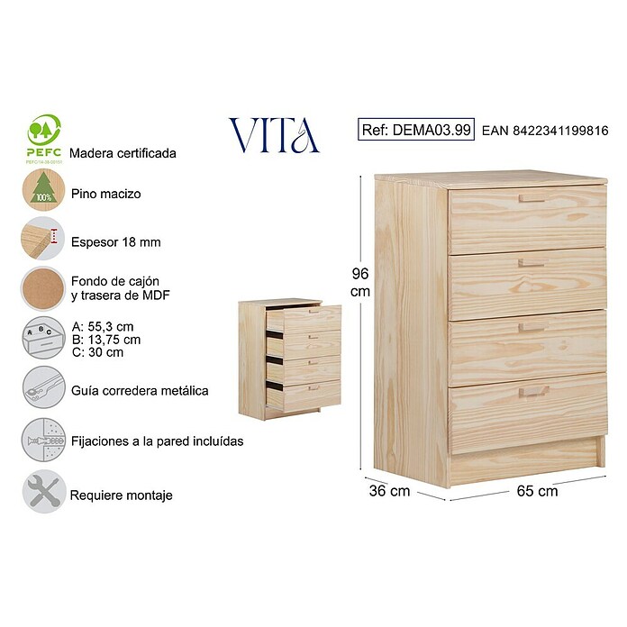 Astigarraga Vita Cómoda (L x An x Al: 36 x 65 x 96 cm, Natural, Número de cajones: 4 ud.) | BAUHAUS