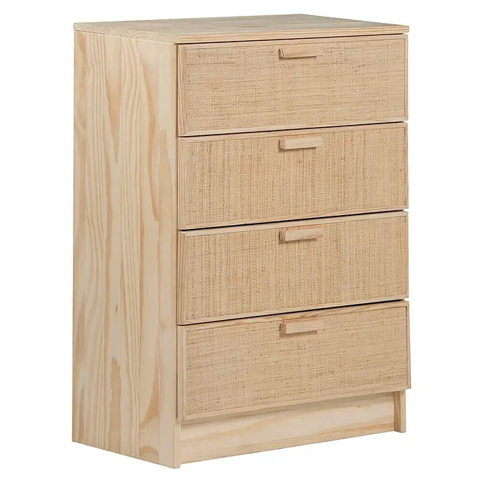 Astigarraga Aura Conjunto de muebles - 5 pzs., Madera maciza y rafia, Natural - Una cómoda de madera clara con cuatro cajones frontales de mimbre y tiradores de madera. Diseño simple y moderno para cualquier habitación.