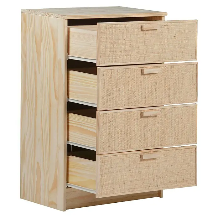 Astigarraga Aura Conjunto de muebles - 5 pzs., Madera maciza y rafia, Natural - Cómoda de madera clara con cuatro cajones cuyos frentes están recubiertos de un material de fibra natural. Mueble de almacenamiento práctico.