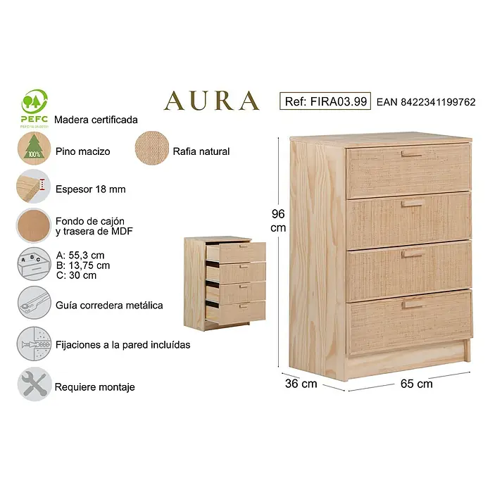 Astigarraga Aura Conjunto de muebles - 5 pzs., Madera maciza y rafia, Natural - Imagen de una cómoda AURA de pino con cinco cajones, se muestran detalles de materiales y dimensiones.