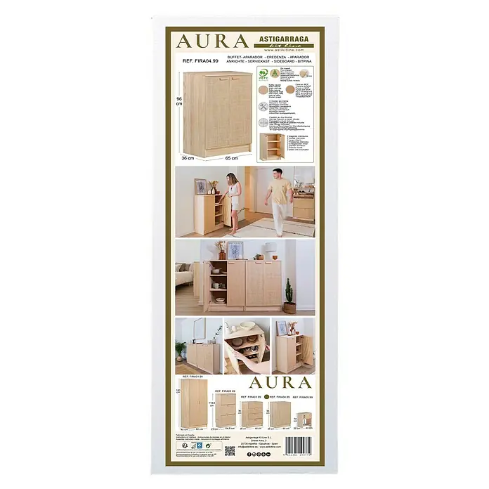 Astigarraga Aura Conjunto de muebles - 2 pzs., Madera maciza y rafia, Natural - Imagen del producto del aparador AURA Astigarraga FIRA04.99, un mueble elegante. Está hecho de madera clara y es versátil.