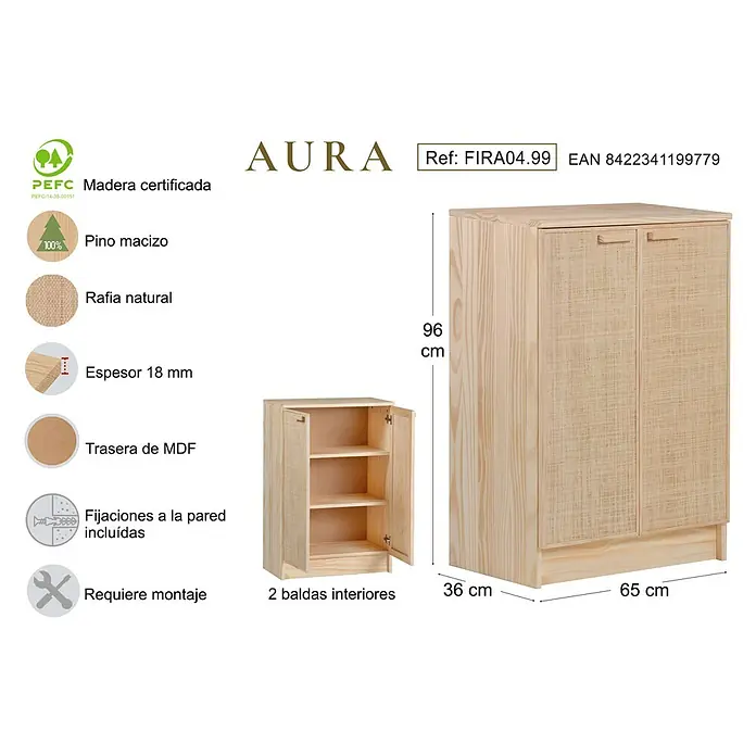 Astigarraga Aura Conjunto de muebles - 2 pzs., Madera maciza y rafia, Natural - Imagen de producto de un armario de madera AURA con dos puertas y dos estantes, incluyendo dimensiones.