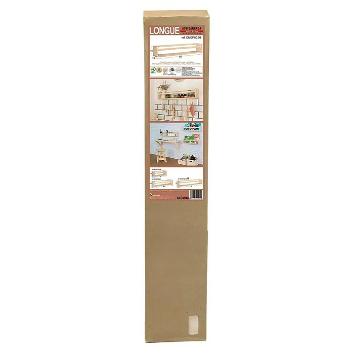Astigarraga Especiero - L x An x Al: 15 x 80 x 15 cm, Madera de pino, Natural - Embalaje del producto para la estantería de pared "Longue Astigarraga", que mide 15x80x15 cm. Versátil para cocina, estudio y habitación infantil.
