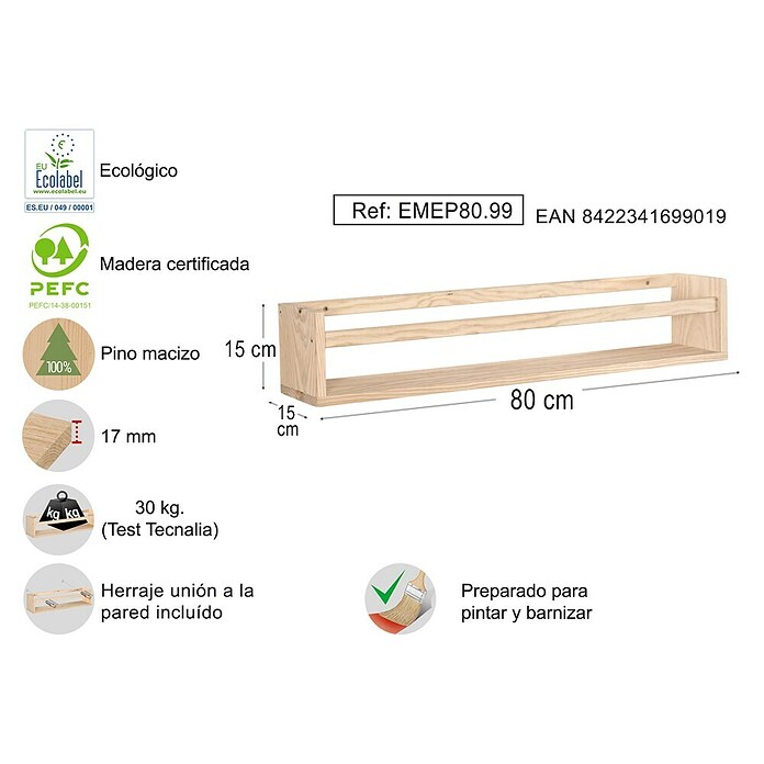 Astigarraga Especiero (L x An x Al: 15 x 80 x 15 cm, Madera de pino, Natural) | BAUHAUS