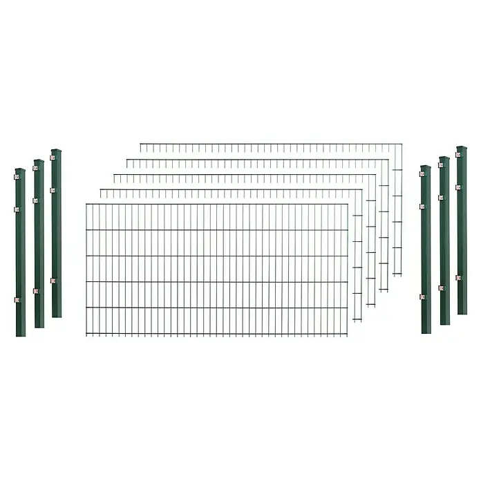 Peddy Shield Zaun-Set ESM - 10 x 1,2 m, Grün, 11 -tlg. - Abbildung eines kompletten Doppelstabmattenzaun-Sets, bestehend aus Zaunpfosten und Zaunelementen. Ideal für die Grundstückseingrenzung.