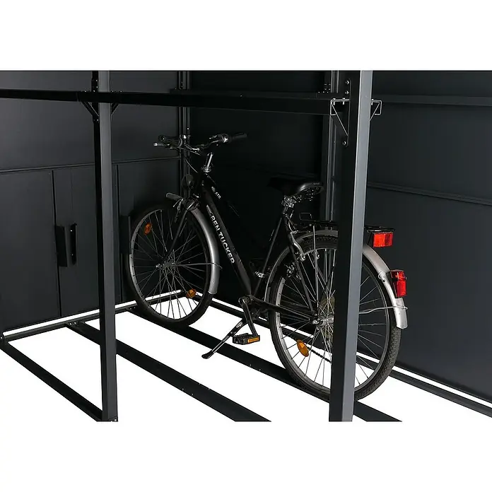 Proregal Garage 4er-Fahrradgarage - Metall, Anthrazit - Ein schwarzes Fahrrad abgestellt in einem Metallfahrradschuppen. Praktische Aufbewahrungslösung für Fahrräder im Freien.