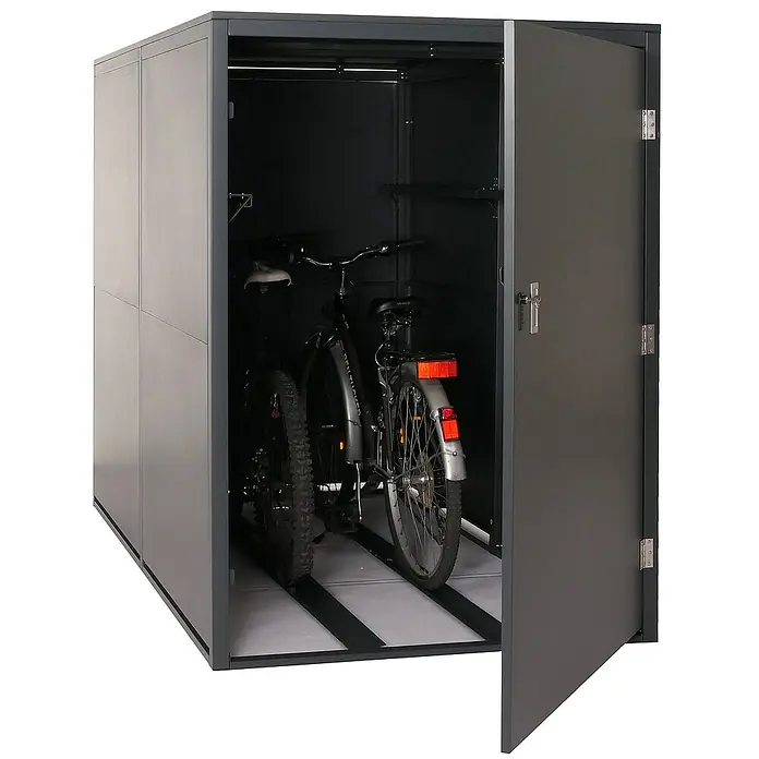 Proregal Garage 2er-Fahrradgarage - Metall, Anthrazit - Fahrradgarage mit zwei Fahrrädern. Das Metallgehäuse ist grau, die Tür steht offen.