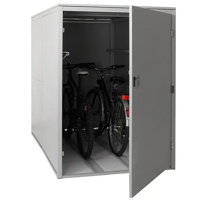Proregal Garage 2er-Fahrradgarage - Metall, Hellgrau - Bild eines abschließbaren Fahrradschuppens für den Außenbereich, der zwei Fahrräder aufnehmen kann.