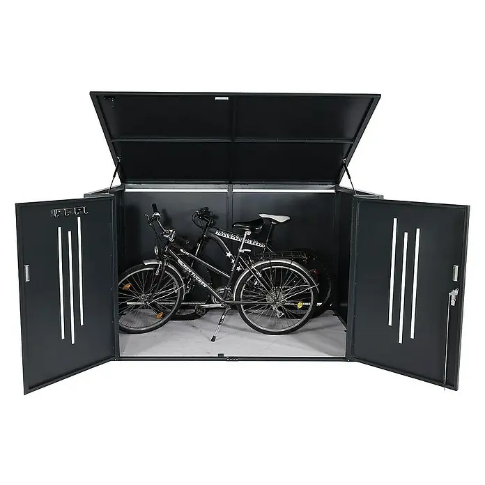 Proregal Garage 4er-Fahrradgarage - Metall, Anthrazit - Bild eines Fahrradschuppens mit geöffneten Türen und zwei Fahrrädern darin. Der Schuppen ist schwarz und hat ein aufklappbares Dach.
