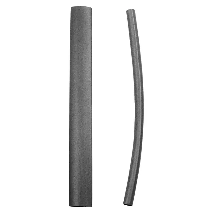 Voltomat Set de tubos termorretráctiles - 4 pzs., Negro, Temperatura de contracción: 120 °C, Relación de contracción: 2:1 - Dos tubos aislantes de espuma gris oscuro, uno recto y otro curvado.