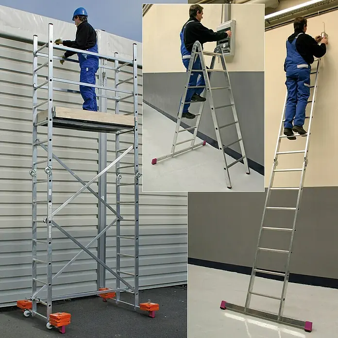 Krause Corda Gelenkgerüst - Arbeitshöhe: 5 m, Belastbarkeit Plattform: 135 kg, Breite Plattform: 0,56 m, Länge Plattform: 1,5 m - Verschiedene Baugerüste und Leitern mit Arbeitern in Arbeitskleidung, die Arbeiten in der Höhe verrichten.