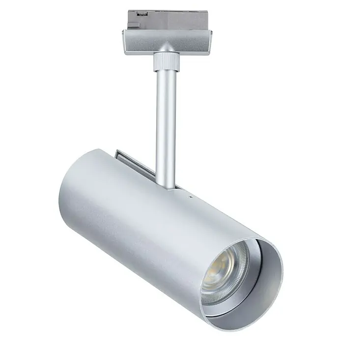 Paulmann URail LED-Spot Theron - 13 W, Chrom matt, Warmweiß, 6,2 x 20 cm, 3.000 K - Eine silberne Schienenleuchte mit einem zylindrischen Lampenkopf und einem verstellbaren Arm. Sie ist modern und funktional gestaltet.