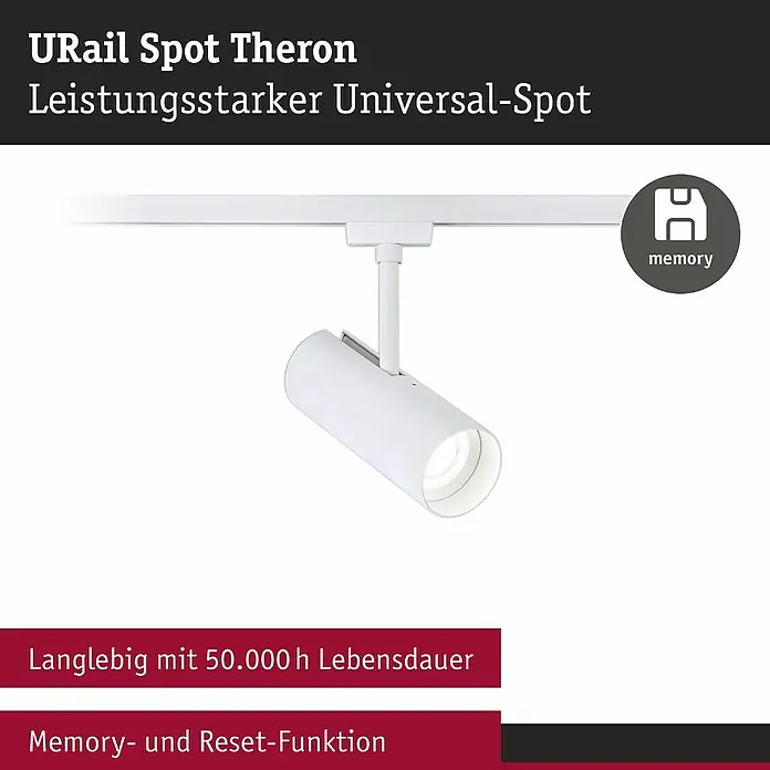 Paulmann URail LED-Spot Theron - 13 W, Signalweiß, Neutralweiß, 6,2 x 20 cm, 4.000 K - Produktbild: URail Spot Theron, ein leistungsstarker Universal-Spot mit Memory- und Reset-Funktion und einer Lebensdauer von 50.000 Stunden.