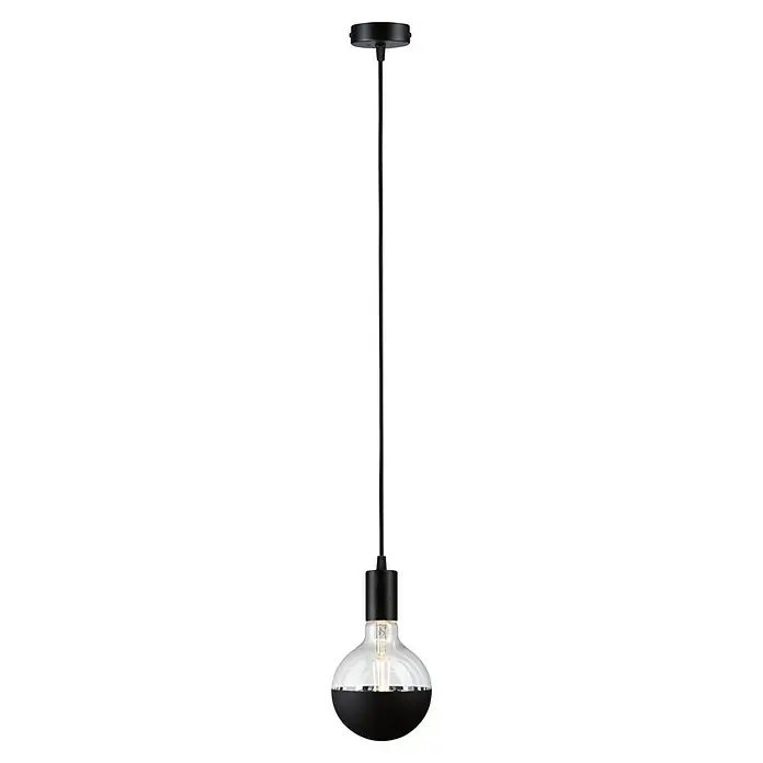 Paulmann Pendelleuchte Ravi - 60 W, Ø x L: 8 x 150 cm, Schwarz, E27 - Nahaufnahme einer schwarzen Hängeleuchte mit transparentem Lampenschirm und sichtbarem Leuchtmittel, die ein modernes Design zeigt.
