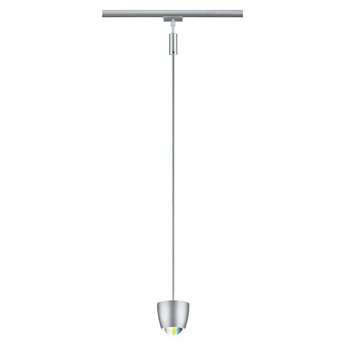 Paulmann URail LED-Pendelleuchte Tyros - 5,5 W, Ø x H: 10 x 10,3 cm, RGBW, Chrom matt - Nahaufnahme einer modernen Pendelleuchte aus Metall mit einem Farbspektrum, das einen Hauch von Eleganz und zeitgenössischem Stil verleiht.