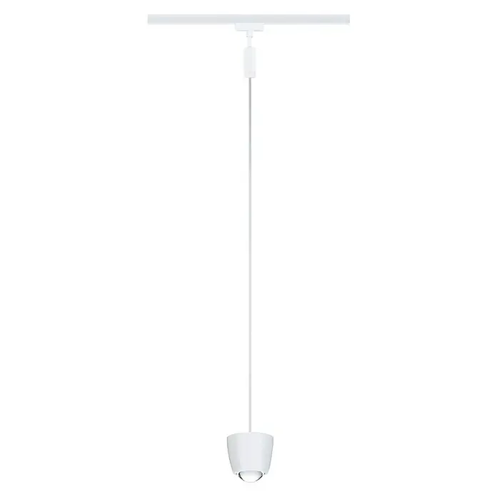 Paulmann URail LED-Pendelleuchte Tyros - 5,5 W, Ø x H: 10 x 10,3 cm, RGBW, Signalweiß - Nahaufnahme einer minimalistischen weißen Lampe an einer Deckenleuchte. Das Lichtdesign ist schlicht, aber elegant.