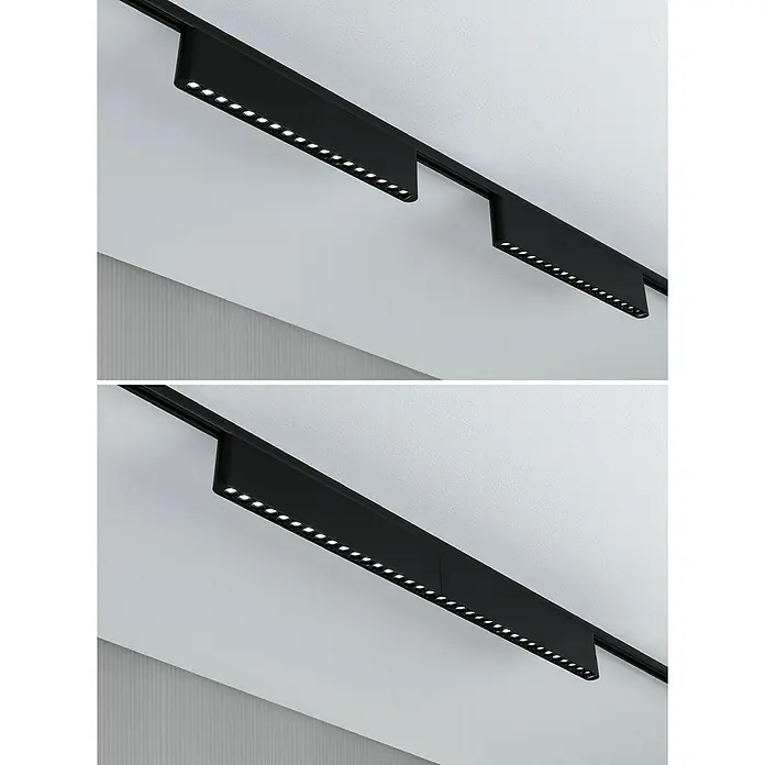 Paulmann URail LED-Lichtleiste Zelos - L x B x H: 2,3 x 37,2 x 7,4 cm, Lichtfarbe: Neutralweiß, Schwarz matt - Nahaufnahme der eleganten schwarzen LED-Schienenstrahler, die modernes Design und effiziente Beleuchtung vereinen.
