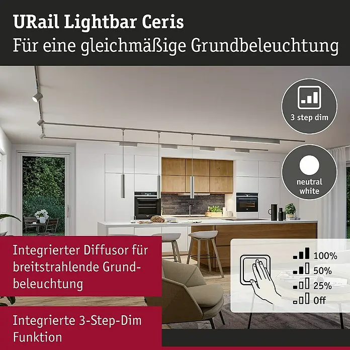 Paulmann URail LED-Lichtleiste Ceris - L x B x H: 2,3 x 37,2 x 7,4 cm, Lichtfarbe: Neutralweiß, Chrom matt, 4.000 K - URail Lightbar Ceris für gleichmäßige Grundbeleuchtung mit 3-Step-Dim Funktion und neutralweißem Licht für eine angenehme Küchenatmosphäre.