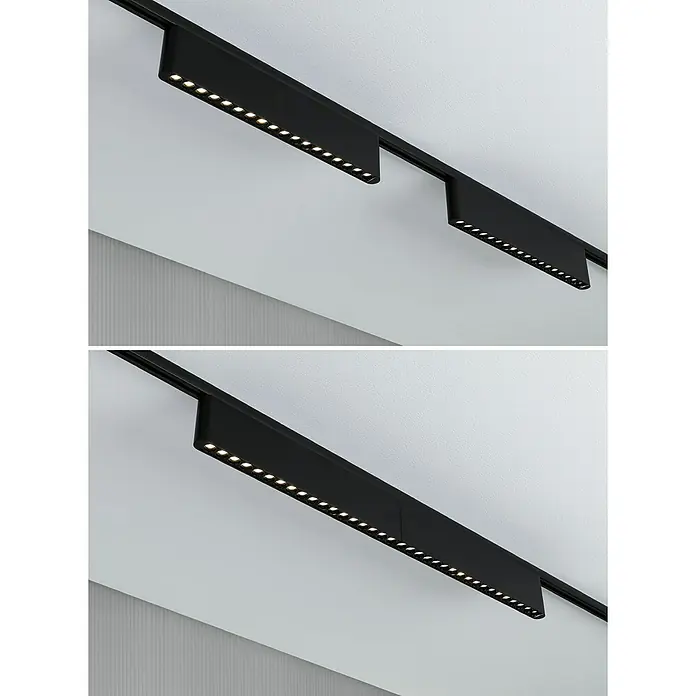 Paulmann URail LED-Lichtleiste Zelos - L x B x H: 2,3 x 37,2 x 7,4 cm, Lichtfarbe: Warmweiß, Schwarz matt - Detailaufnahme einer modernen schwarzen LED-Schienenleuchte an einer weißen Decke. Das minimalistische Design sorgt für eine helle, effiziente Beleuchtung.