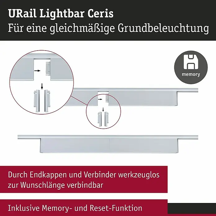 Paulmann URail LED-Lichtleiste Ceris - L x B x H: 2,3 x 37,2 x 7,4 cm, Lichtfarbe: Neutralweiß, Chrom matt, 4.000 K - Abbildung einer URail Lightbar Ceris, die eine gleichmäßige Grundbeleuchtung bietet und werkzeuglos verbindbar ist.