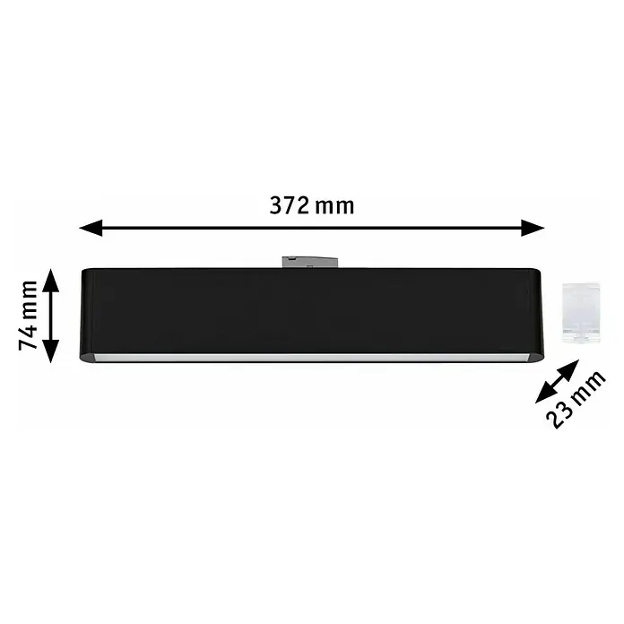 Paulmann URail LED-Lichtleiste Ceris - L x B x H: 2,3 x 37,2 x 7,4 cm, Lichtfarbe: Warmweiß, Schwarz matt, 3.000 K - Detailansicht der schwarzen LED-Wandleuchte mit Maßangaben zur Länge, Höhe und Tiefe für eine bessere räumliche Vorstellung.