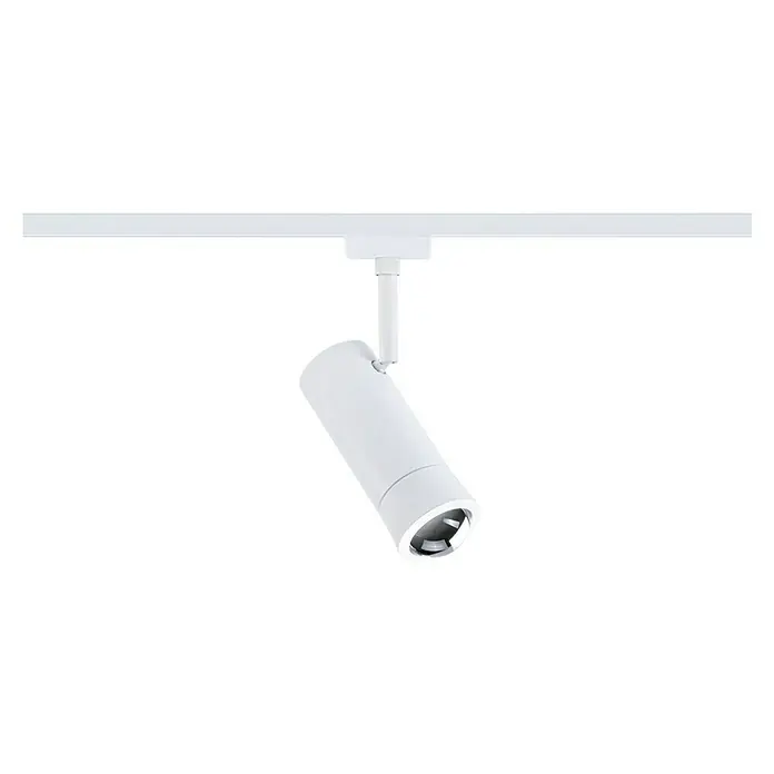 Paulmann URail LED-Spot Tarie - 5,5 W, 6 x 16,05 cm, Signalweiß - Die Aufnahme zeigt einen weißen LED-Strahler an einer Schiene. Das Leuchtmittel ist zylinderförmig und ist an der Decke montiert.