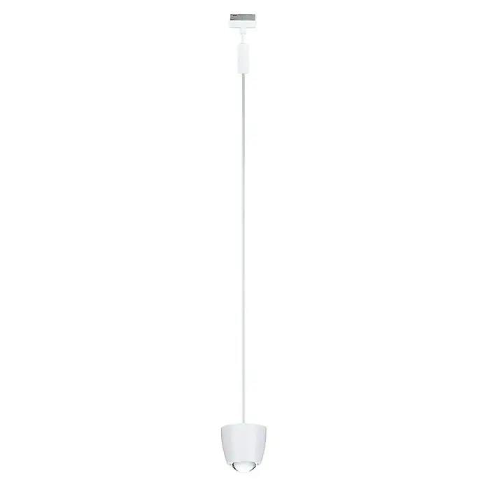 Paulmann URail LED-Pendelleuchte Tyros - 5,5 W, Ø x H: 10 x 10,3 cm, RGBW, Signalweiß - Eine schlanke, weiße Stehlampe mit einem runden Lampenschirm, die ein modernes und minimalistisches Design aufweist.