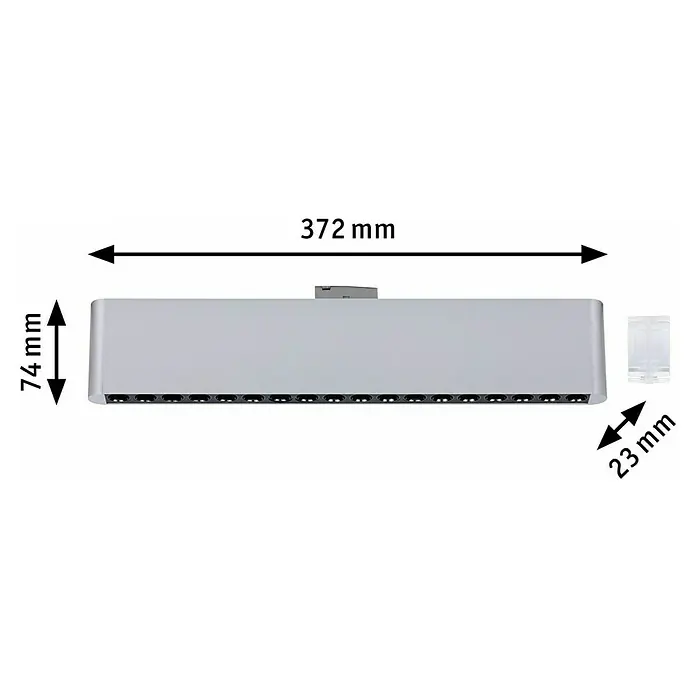 Paulmann URail LED-Lichtleiste Zelos - L x B x H: 2,3 x 37,2 x 7,4 cm, Lichtfarbe: Warmweiß, Chrom matt - Produktansicht mit Maßangaben: Die LED-Leuchte ist 372 mm breit, 74 mm hoch und 23 mm tief.