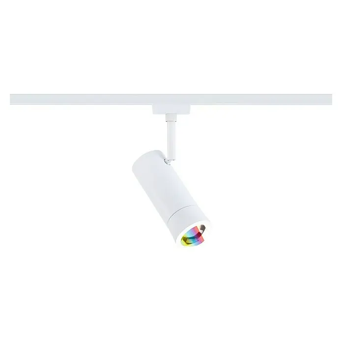 Paulmann URail LED-Spot Tarie - 5,5 W, 6 x 16,05 cm, Signalweiß - Aufnahme einer weißen Schienenleuchte mit farbigen Lichteffekten, die modernes Design und Funktionalität vereint.