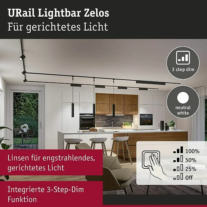 Paulmann URail LED-Lichtleiste Zelos - L x B x H: 2,3 x 37,2 x 7,4 cm, Lichtfarbe: Neutralweiß, Schwarz matt - Die URail Lightbar Zelos sorgt für zielgerichtetes Licht und verfügt über eine integrierte 3-Step-Dim Funktion mit neutralweißem Licht.